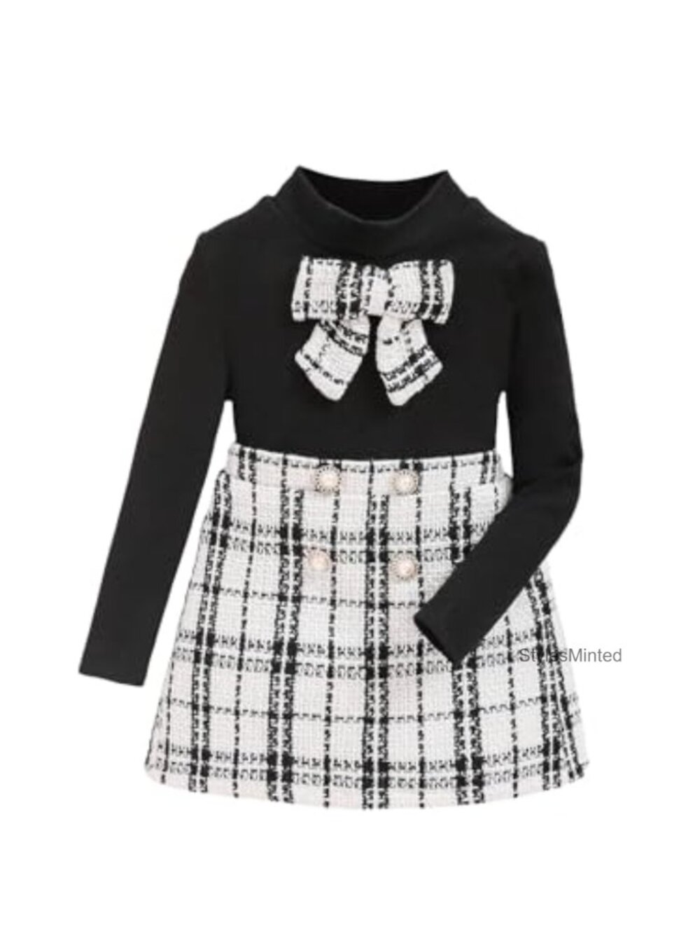 Girls 2 Piece Outfit Bow Front Long Sleeve Tee Plaid Button Front Skirt Set